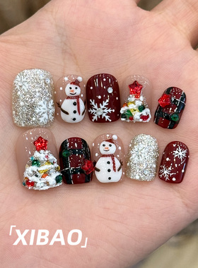 红色穿戴甲短款2025新年款过年美甲秋冬高级感精致纯手工指甲贴片