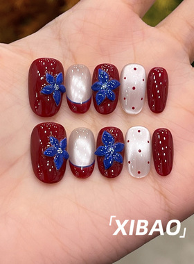 红色穿戴甲秋冬高级感猫眼短款指甲贴片2025新款手工法式穿戴美甲
