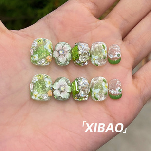 绿色穿戴甲轻奢高级感显白爆款 手工春夏穿戴美甲 指甲贴片2026新款