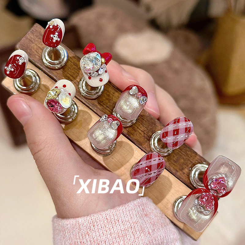 红色穿戴甲短款精致秋冬穿戴美甲2025新年款纯手工高质量指甲贴片