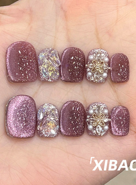 紫色猫眼穿戴甲短款高级感精致穿戴款美甲2025新款纯手工指甲贴片