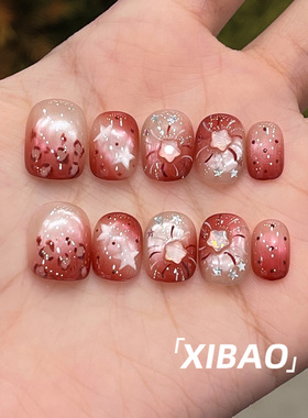 红色穿戴甲短款秋冬显白指甲贴片2025新款高级感手工猫眼穿戴美甲