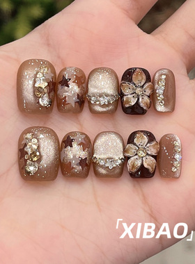 秋冬穿戴甲短款纯手工猫眼穿戴款美甲2025新款高级感绝美指甲贴片