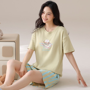 夏季新款女士纯棉圆领短袖短裤家居服派邦奴套头睡衣简约休闲外穿