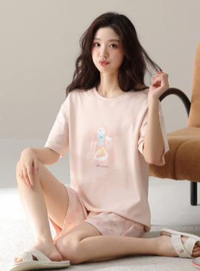 夏季新品纯棉圆领套头短裤家居服派邦奴女款薄款睡衣套装