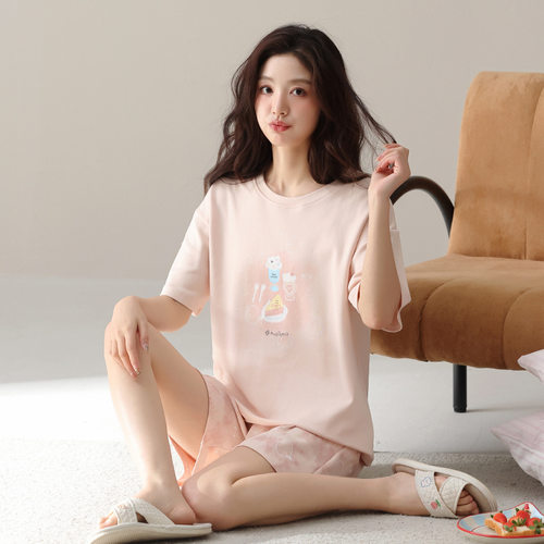 夏季新品纯棉圆领套头短裤家居服派邦奴女款薄款睡衣套装