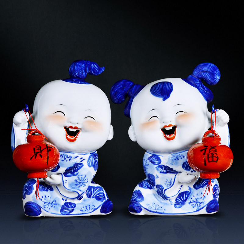 陶瓷娃娃景德镇雕塑瓷手绘青花瓷喜庆吉祥人物陶瓷家居摆件