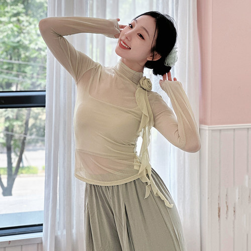3359舞蹈服网纱上衣花朵点缀