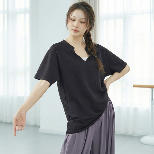 成人黑色V领短袖舞蹈服