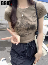 竹节棉正肩圆领短袖t恤女美式辣妹修身短款高腰上衣2024夏季新款