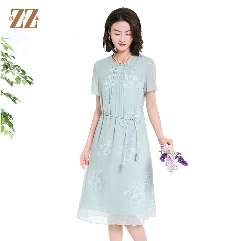 佐尔美夏季新款国风时尚气质碎花桑蚕丝短袖连衣裙女M42LS45