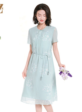 佐尔美夏季新款国风时尚气质碎花桑蚕丝短袖连衣裙女M42LS45