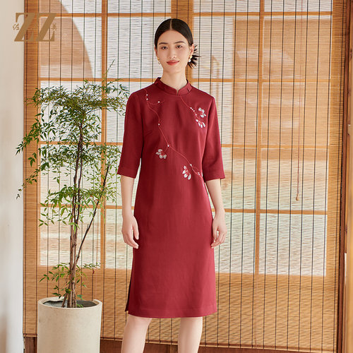 优雅新中式旗袍七分袖连衣裙