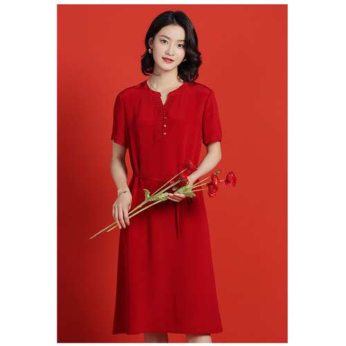 100%桑蚕丝真丝短袖连衣裙女