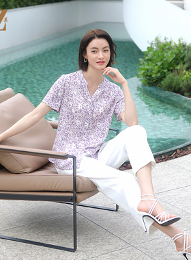 佐尔美夏季新款 气质时尚碎花桑蚕丝短袖衬衣女E32CS78