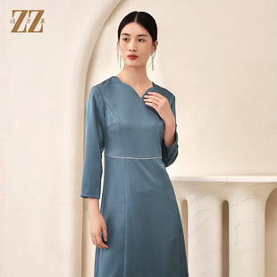 佐尔美秋季新款 雾霾蓝色礼服裙V领精致亮钻连衣裙女E23LL14