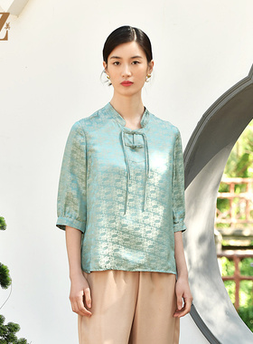 佐尔美夏季新款  国风桑蚕丝真丝交织提花缎衬衣女E32CS13