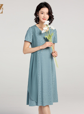 佐尔美夏季新款 提花缎桑蚕丝真丝短袖圆领小碎花连衣裙女E22LS31