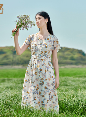 佐尔美夏季新款 桑蚕丝真丝乔其小碎花甜美连衣裙女E22LS36