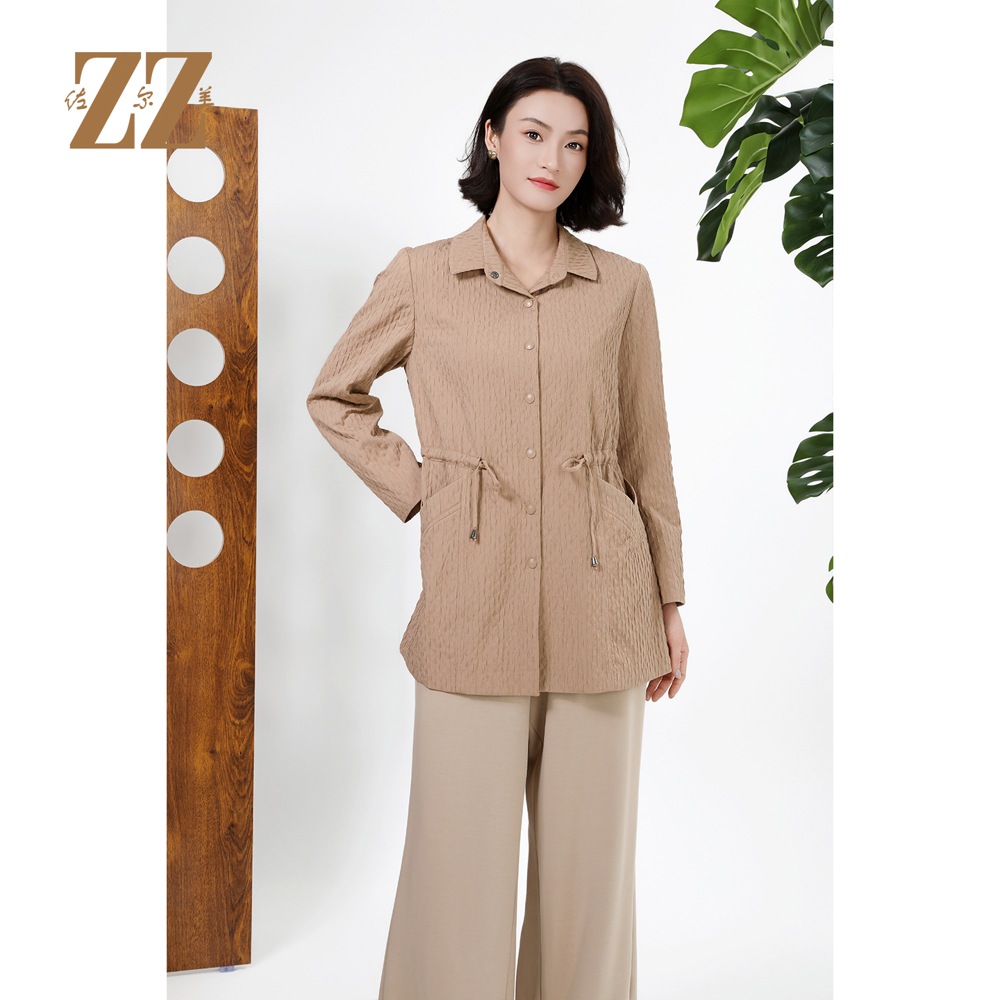 经典简约抽绳收腰中长款风衣上衣