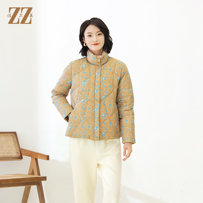 时尚双面穿立领碎花短款羽绒服