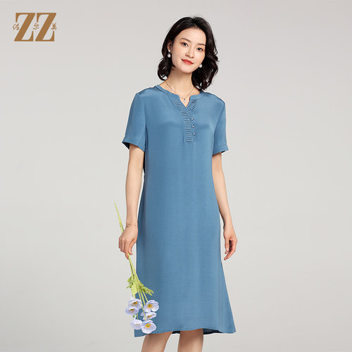 100%桑蚕丝真丝短袖连衣裙女
