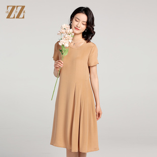 100%桑蚕丝真丝纯色短袖 连衣裙女E22LS50 新款 佐尔美夏季