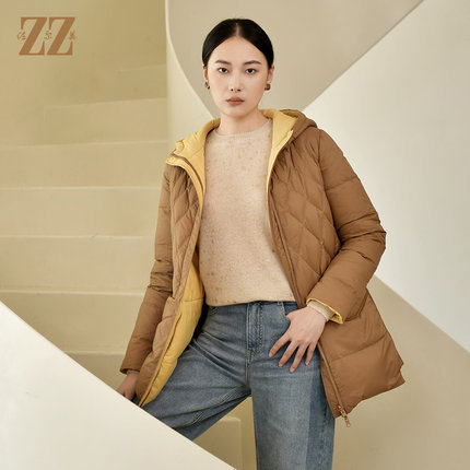 佐尔美冬季新款 气质连帽双面穿菱形格羽绒服女E24YY05