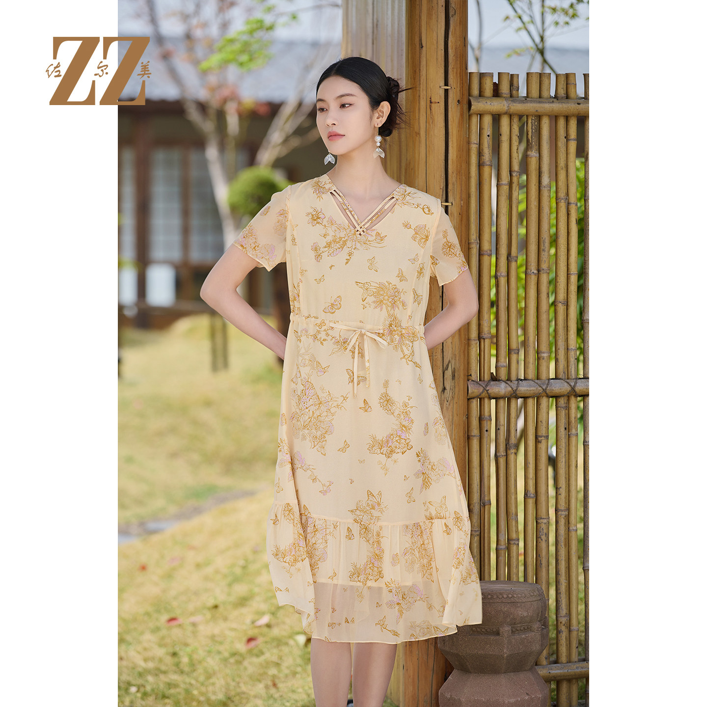 佐尔美时尚气质甜美碎花100%桑蚕丝连衣裙成人短袖夏季女M52LS35