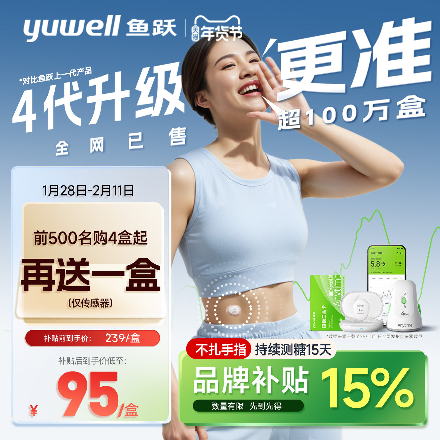 鱼跃动态血糖仪4Pro安耐糖血糖动态监测家用24小时测试官方旗舰店