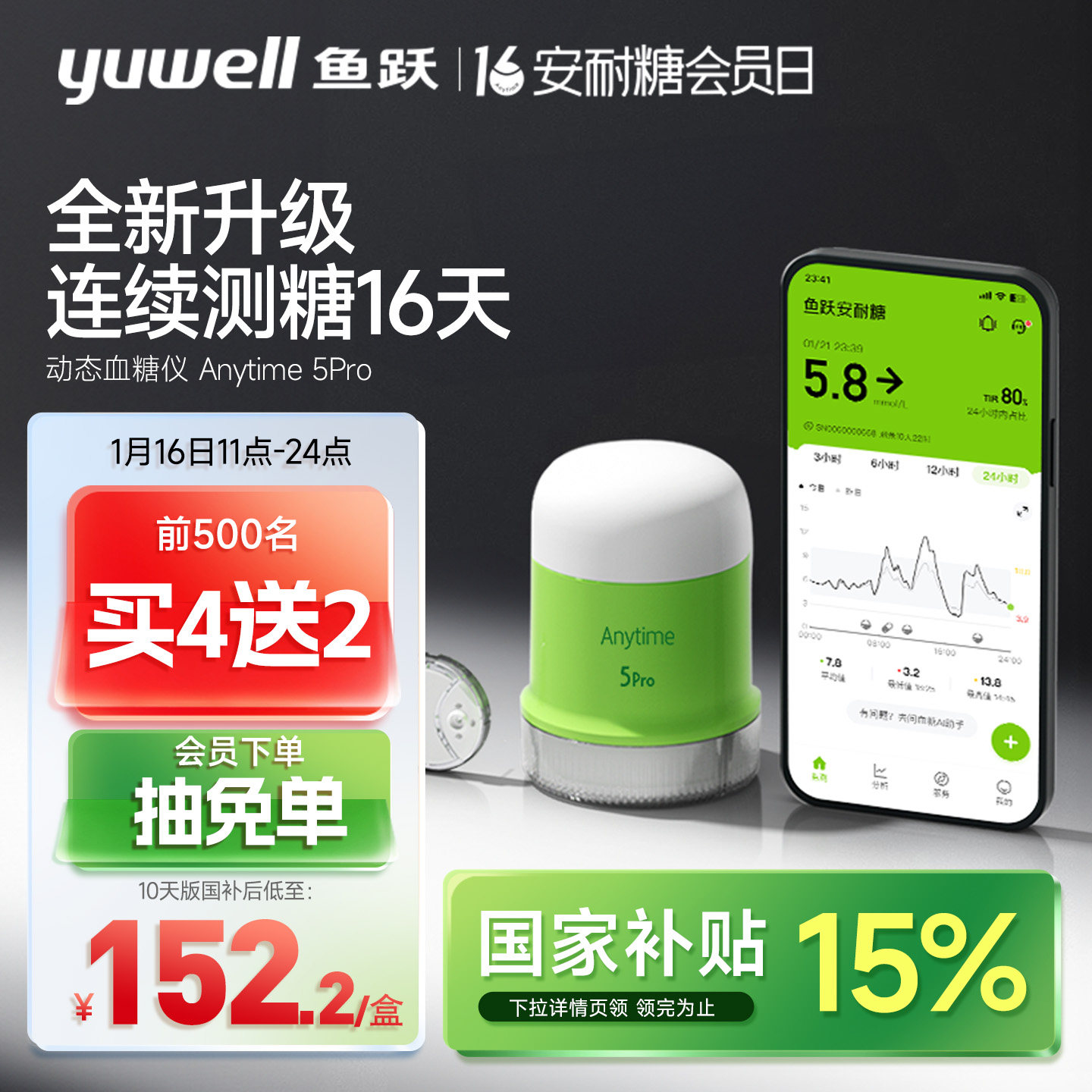 鱼跃动态血糖仪24小时血糖动态监测试仪家用不扎手指官方旗舰5Pro