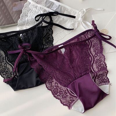魅影系情~性感系带缎面蕾丝内裤女生纯欲镂空绑带可解开三角裤女