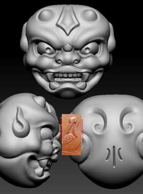 A三维立体图圆雕图3d打印stl文件兽面鬼脸背云雕刻机模型