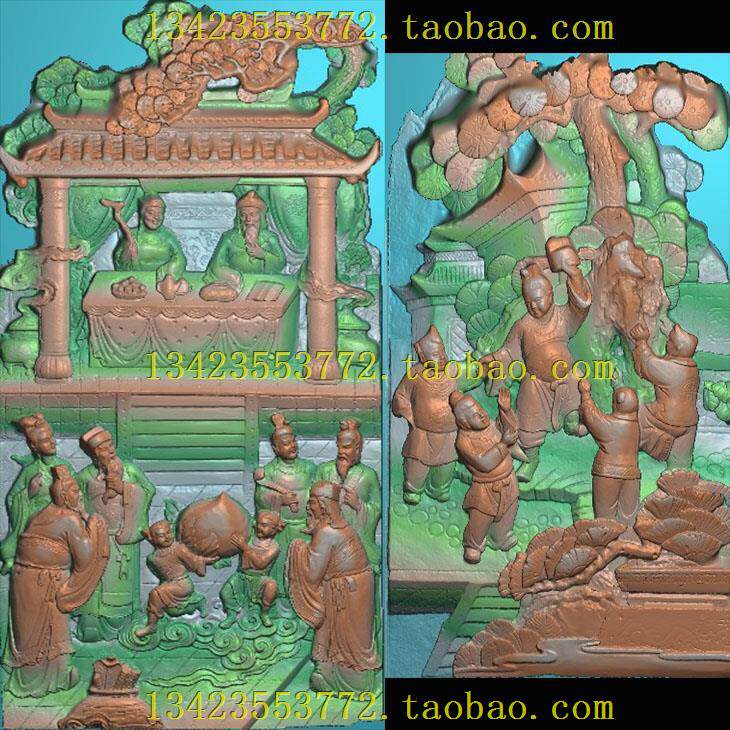 浮雕图扫描图精雕图灰度新竖图五子登科郭子仪拜寿人物图古建寺庙