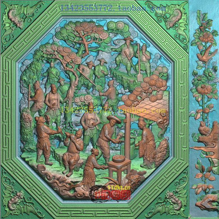 A扫描图精雕图耕田渔樵耕读耕地古建山水挖矿古建门堵 人物花鸟竖