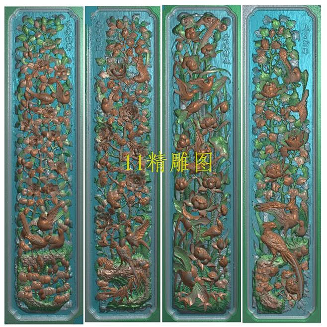 d花鸟竖排长条形精雕图古建门面石雕木雕浮雕荷花茶花牡丹花扫描