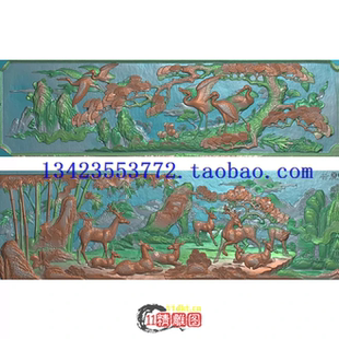 51横版松鹤延年精雕图竹鹿同春扫描图古建照壁裙板祠堂石 花鸟