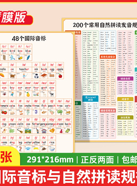 一张图秒懂国际音标与自然拼读规律48个国际音标 200个常用自然拼读发音规则 纸质覆膜版 291*216mmA4纸张大小 正反两面学习垫板
