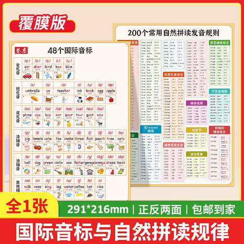 一张图秒懂国际音标与自然拼读规律48个国际音标 200个常用自然拼读发音规则 纸质覆膜版 291*216mmA4纸张大小 正反两面学习垫板