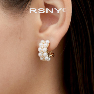 简约欧美风纯银耳针耳钉 新品 RSNY双层珍珠耳环轻奢设计2025新款