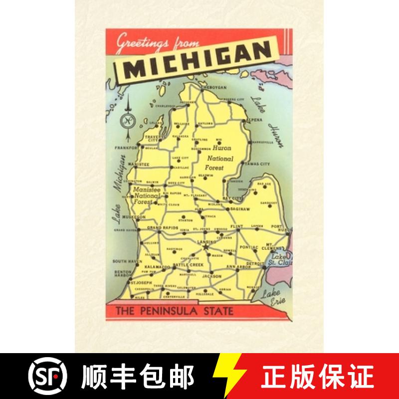 【3-4周达】Vintage Lined Notebook Greetings from Michigan, Map [9798385424917]