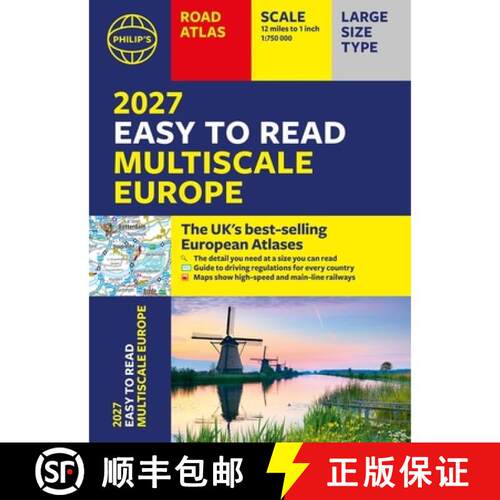 【3-4周达】Philip's 2027 Easy to Read Multiscale Road Atlas of Europe : A4 Paperback [9781849077460]