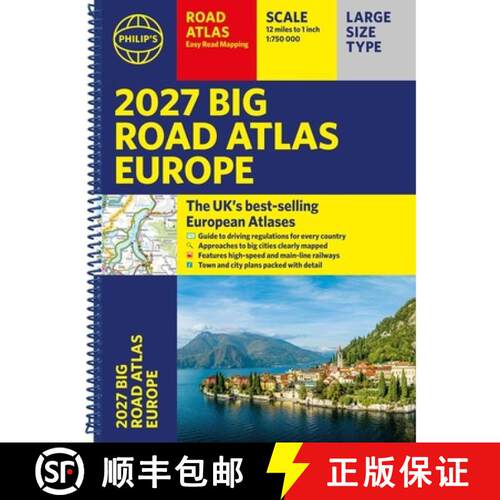 【3-4周达】Philip's 2027 Big Road Atlas of Europe : Easy-read mapping A3 Spiral edition [9781849077491]