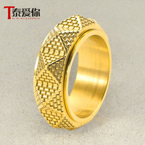 潮男钛钢复古金字塔可转动戒指