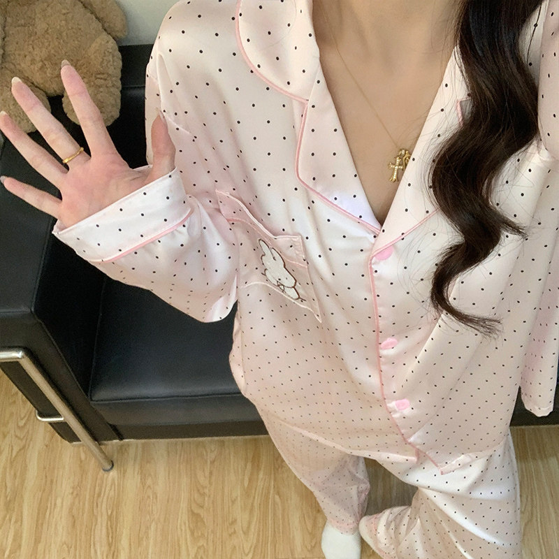 粉色波点冰丝长袖长裤睡衣女