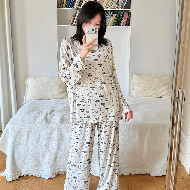 莫代尔长袖长裤睡衣女春秋2026新款韩系卡通可爱猫薄款家居服套装