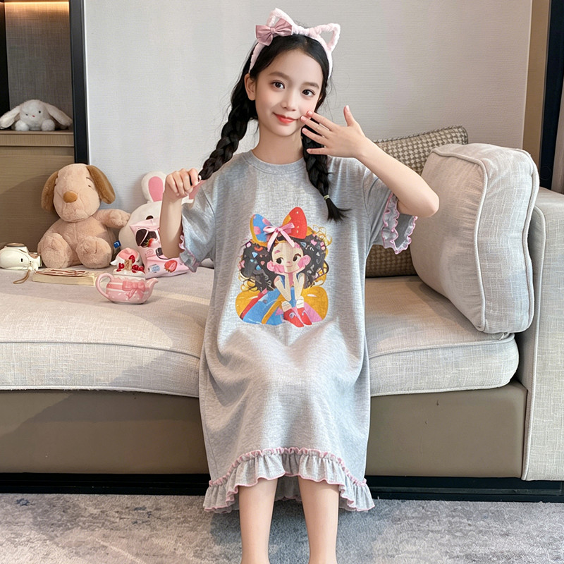 2026新款夏季女童莫代尔短袖睡裙女儿童中长款公主风家居裙小女孩