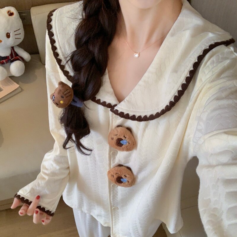 日系公主风可爱娃娃领睡衣女春天秋2026新款带胸垫长袖家居服套装