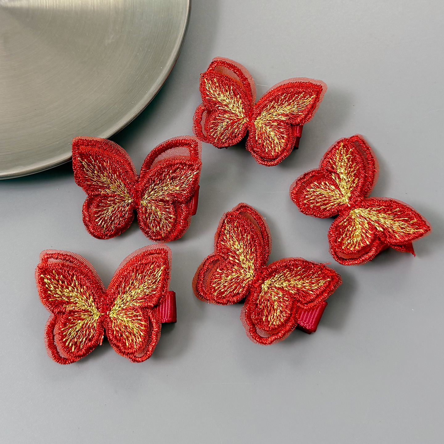 可爱红色喜庆蝴蝶蕾丝刺绣双层发夹鸭嘴夹发卡子儿童后脑勺头饰品