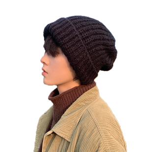 帽子男冬季潮男款粗针织帽男宽松大头围黑色毛线帽男士堆堆帽秋冬